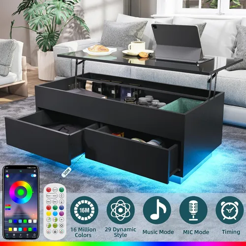 Vista 3 de HOMMPA Mesa de centro elevable de 40 pulgadas, mesas de centro negras con almacenamiento para sala de estar, mesa de centro moderna LED, mesa