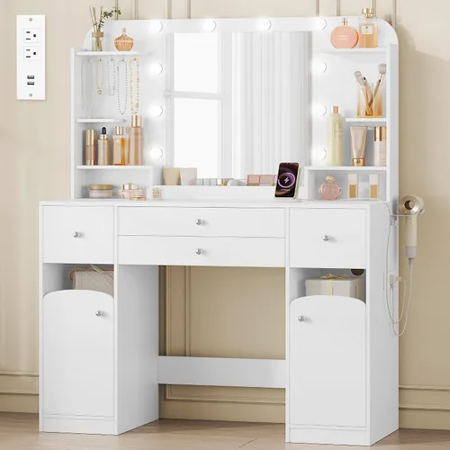 Vista 11 de Escritorio de tocador con espejo HD, tocador de maquillaje con luces LED, 3 niveles de brillo ajustable, mesa de vestir con estanterías ocultas