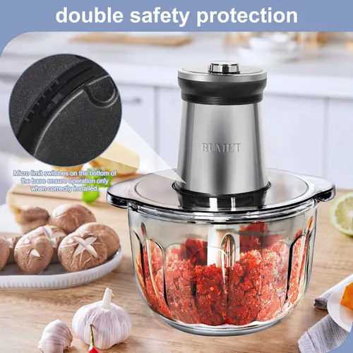 Vista 4 de BUMET Cuenco de vidrio de 16 tazas 850 W procesador eléctrico de alimentos, temporizador LED. Cuchilla de 6 filos de corte de 3 niveles para picar