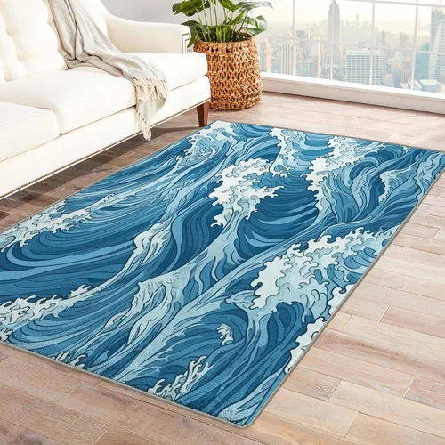 Vista 10 de Alfombra japonesa ondulada y decoración del hogar, alfombra de 4 x 5 pies, alfombras azules con ondas oceánicas para sala de estar, dormitorio, Onda