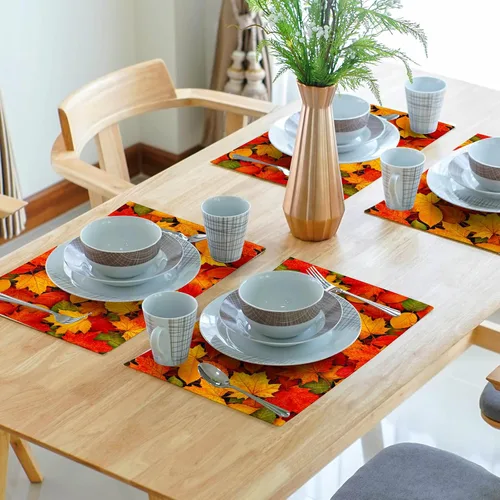 Vista 7 de Fall Placemats 12×18 Inches Set of 4 Autumn Leaves Festival Indoor Kitchen Dining Table Place Mats for Home Party Decoration