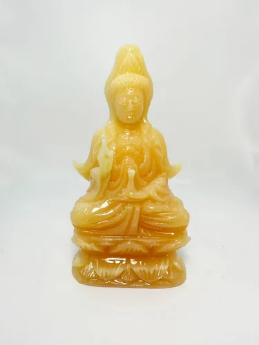 Vista 7 de Guan Yin - Estatua tallada en mármol de ónix amarillo, estatua de Quan Yin, estatua de Kwan Yin, estatua de Kuan Yin, decoración del hogar (11.8)