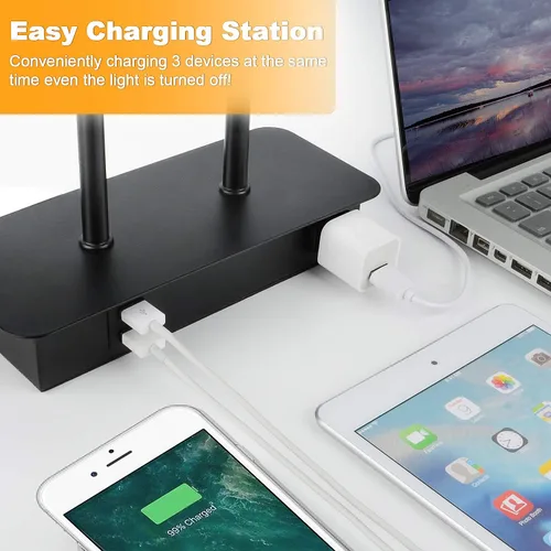 Vista 3 de Lámpara de mesa con control táctil regulable en 3 vías con 2 puertos USB y toma de corriente AC, lámpara moderna de mesita de noche con pantalla