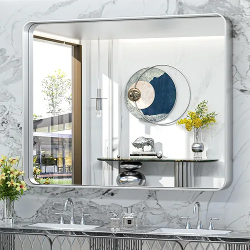 Vista 83 de TokeShimi Espejo de pared de baño de níquel cepillado de 20 x 30 pulgadas, marco de metal, esquina redonda, rectangular, para decoración del hogar