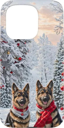 Vista 14 de iPhone 16 Lindo perro pastor alemán en paisaje nevado feliz Navidad caso