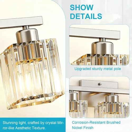 Vista 2 de GOLSPARK Crystal Bathroom Vanity Light, Brushed Nickel, 3 Light, Square Modern Bathroom Light Fixtures, Vanity Lighting Over Mirror, Wall Sconce