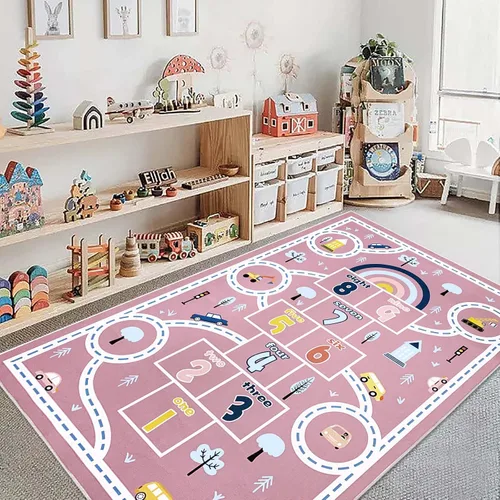 Vista 12 de Alfombra de juego para niños de 4 x 6 pies y alfombra de auto Hopscotch – Alfombra grande azul lavable para aula y preescolar para niños en edad