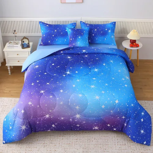 Vista 20 de JQinHome Juego de edredón con purpurina, tamaño individual, juego de ropa de cama en una bolsa de 6 piezas en 3D colorido degradado para niñas