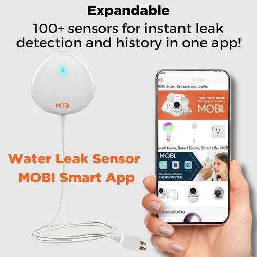 Vista 5 de MOBI Detector inteligente de fugas de agua WiFi, alertas de aplicaciones, alarma con sensor de inundación con sonda de extensión de 48 pulgadas,