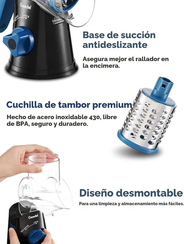 Vista 6 de Geedel Rallador rotativo de queso, cortador de verduras de mandolina de cocina con 3 cuchillas intercambiables, fácil de limpiar, rallador giratorio