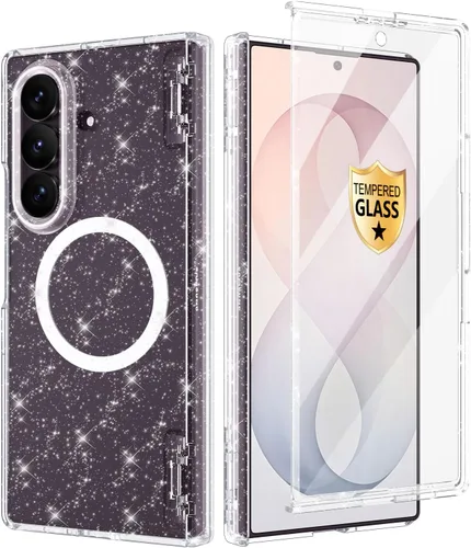 Vista 56 de Btscase Funda para Samsung Galaxy Z Fold 5, protector de pantalla frontal integrado, patrón de mármol dorado con purpurina de policarbonato duro