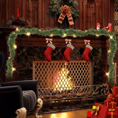 Vista 4 de Dazzle Bright Guirnalda de Navidad artificial de 15 pies, 50 luces LED preiluminadas, funciona con pilas, decoración de Navidad iluminada