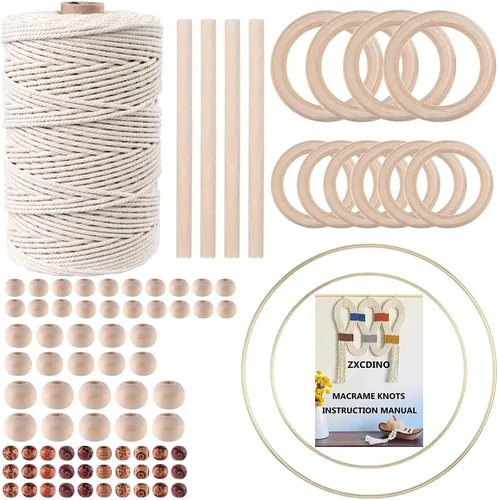 Vista 8 de Kits de macramé de 119 piezas para principiantes de 0.118 in x 109 yardas, cuerda de macramé de algodón natural con 100 cuentas de madera, 10