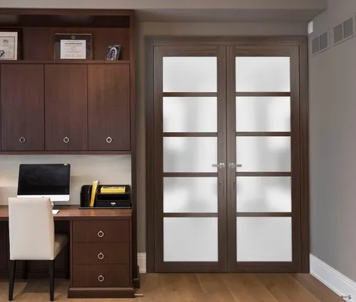 Vista 2 de Puertas dobles francesas macizas de vidrio esmerilado de 36 x 80 pulgadas Quadro 4002 ceniza de chocolate Marcos de panel sólido de madera