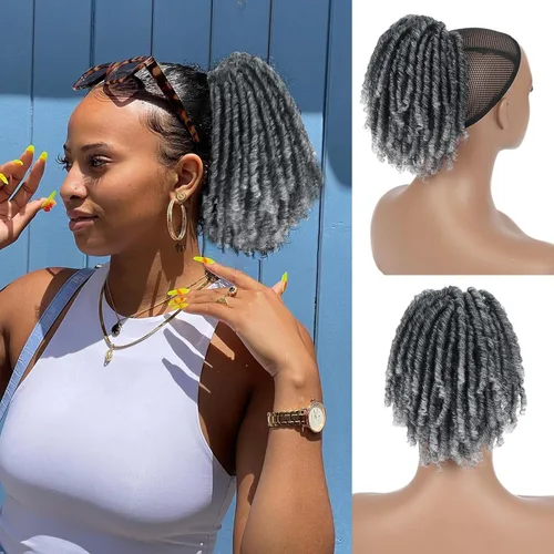 Vista 8 de Oseti Dreadlock - Cola de caballo rizada negra con cordón para mujeres negras, accesorios de moño de pétalos cortos con clip en colas de caballo