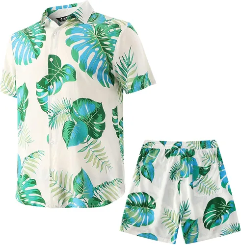 Vista 2 de Atwfo Conjunto de camisa hawaiana y pantalón corto para hombre, conjunto de 2 piezas para vacaciones, casual, con botones, playa, trajes florales