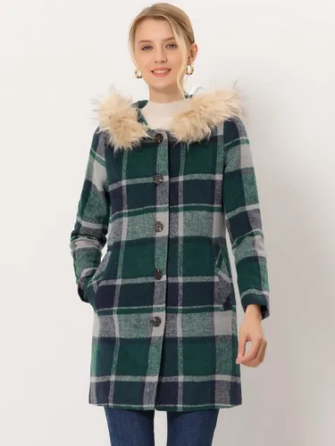 Vista 2 de Allegra K Abrigo de invierno grueso con botones y bolsillos frontales a cuadros para mujer con capucha esponjosa