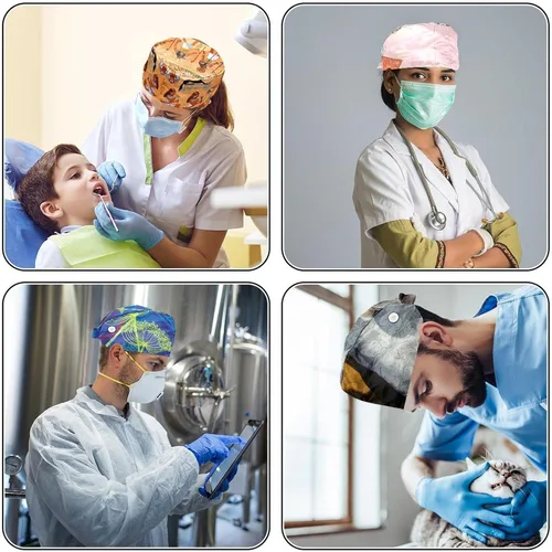Vista 6 de Working Cap with Buttons Sweatband Ribbon Tie Back Bouffant Hats, Blue Bird Flower Leaves