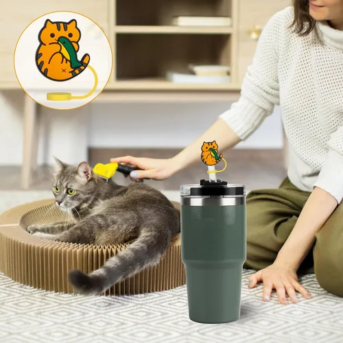 Vista 4 de Paquete de 12 fundas de popote reutilizables, con diseño de gato, a prueba de polvo, para popote de 6 a 0.315 in, protector para accesorios