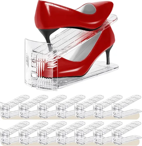 Vista 12 de Organizador de ranuras para zapatos, paquete de 10 unidades, apiladores de zapatos, 3 niveles ajustables, ahorro de espacio del 50%, soportes