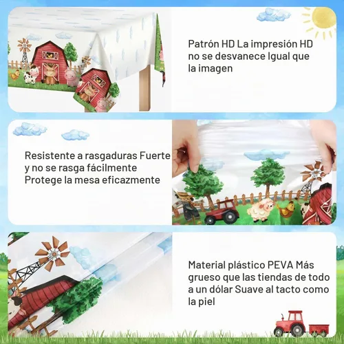 Vista 6 de Mantel rectangular de plástico de 3 piezas de 54 x 108 pulgadas, suministros de fiesta de cumpleaños de granero, decoración para baby shower, niños