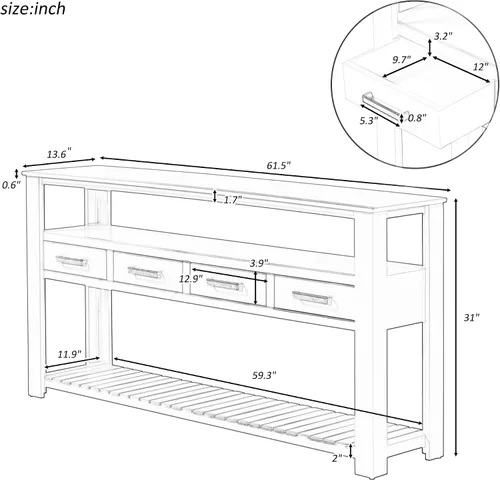 Vista 2 de LUMISOL Mesa consola con 4 cajones y estantes abiertos de 3 niveles, mesa de sofá de madera detrás del sofá con asas de metal, mesa de entrada