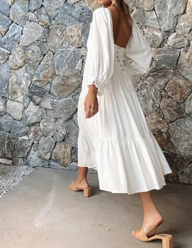 Vista 2 de R.Vivimos Vestido midi de algodón para mujer, manga larga, cuello cuadrado, casual, sin espalda, bohemio, para otoño
