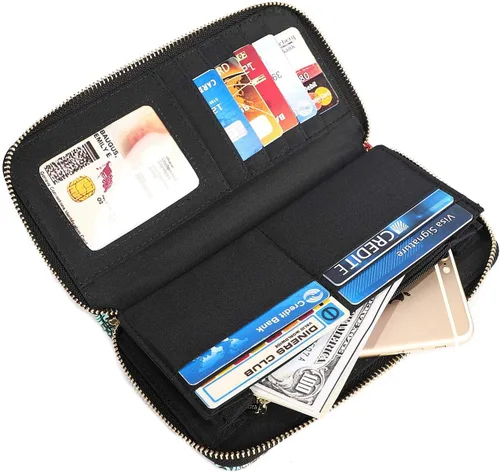 Vista 47 de Cartera de mano para mujer, estilo bohemio, con RFID, elegante, espaciosa con correa para viajes, capacidad para tarjetas, teléfono, dinero