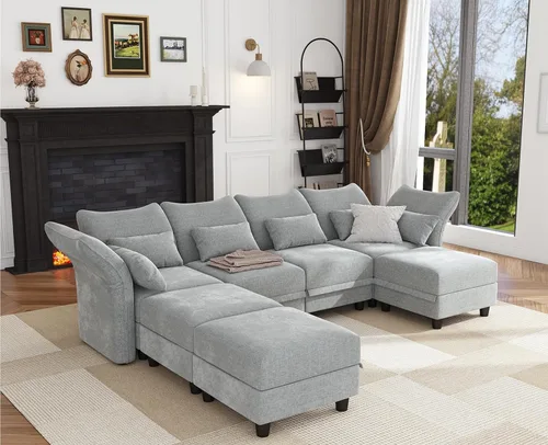 Vista 32 de LLappuil - Sofá seccional en forma de L con almacenamiento, sofás seccionales modulares beige de pana para sala de estar con brazos y respaldos Pana