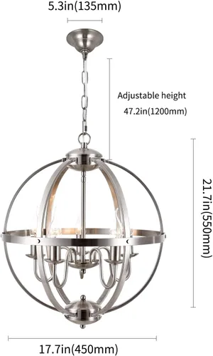 Vista 2 de Moderna lámpara de comedor con 5 luces de esfera de níquel cepillado para comedor y sala de estar, vestíbulo y cocina, pasillo y entrada..