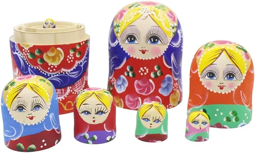 Vista 6 de Winterworm Juego de 7 piezas de hermosas muñecas de madera roja con bufanda azul tradicional rusa anidación muñecas Matryoshka juguetes regalo hogar