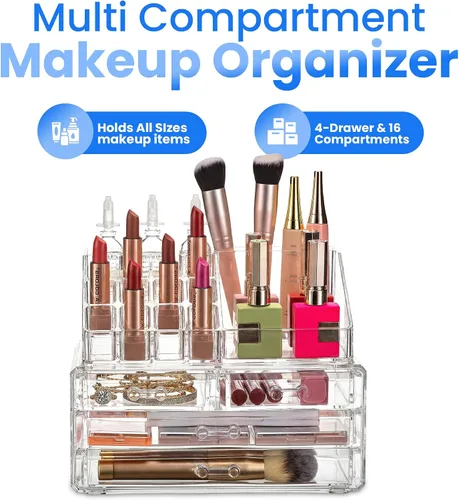 Vista 9 de Masirs Organizador de maquillaje transparente – 16 compartimentos para cosméticos y joyas con 4 cajones – Caja de almacenamiento para maquillaje