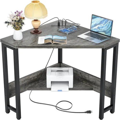 Vista 9 de Armocity Escritorio esquinero pequeño con tomas de corriente, mesa de esquina para espacio pequeño, escritorio de computadora con puertos USB