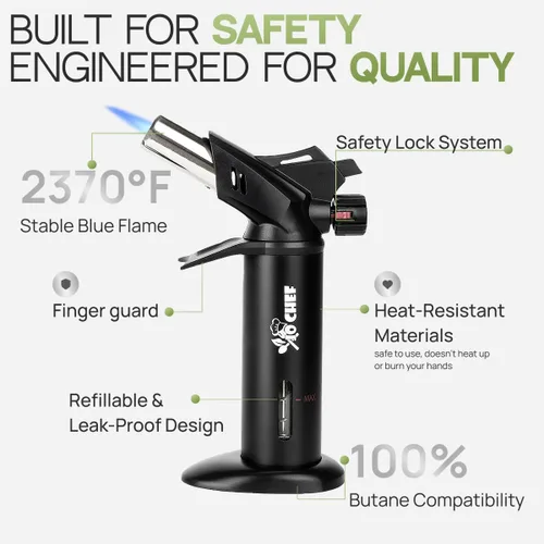 Vista 3 de Jo Chef Eagle RX Culinary Crème Brûlée - Soplete de butano con interruptor de seguridad, llama ajustable, indicador de combustible y escudo de mano