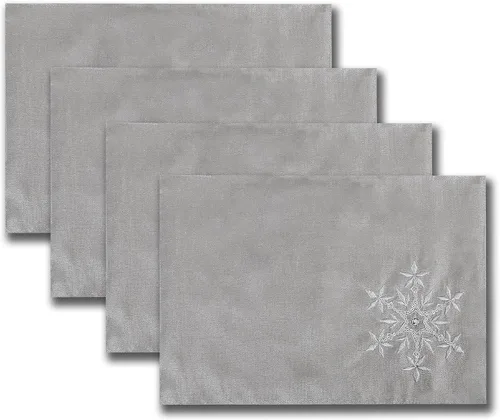 Vista 3 de OWENIE Juego de 4 manteles individuales de mesa de Navidad, manteles individuales plateados con bordado de lentejuelas, manteles individuales grises