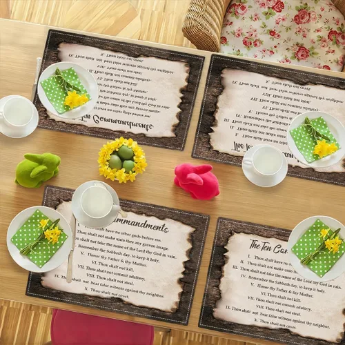 Vista 4 de Juego de 4 manteles individuales de los 10 mandamientos, manteles religiosos de los 10 mandamientos lavables de doble cara para cocina, comedor