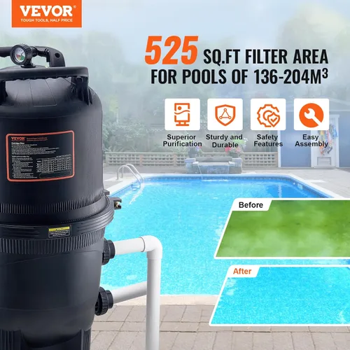 Vista 2 de VEVOR Depósito de filtro de piscina Pro 2026 y elemento para piscinas sobre el suelo y enterradas, sistema limpiador grande de 520-525 pies