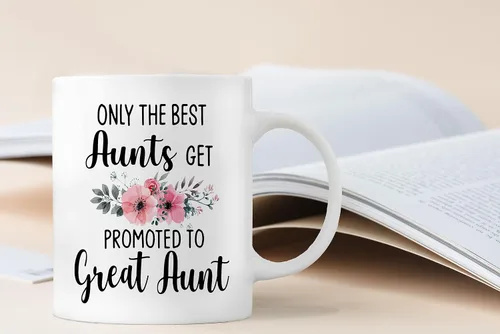 Vista 4 de QASHWEY Taza de café con texto en inglés «Only The Best Aunts Get Promoted to Great Aunt», divertidos regalos de anuncio de embarazo para tía, tías