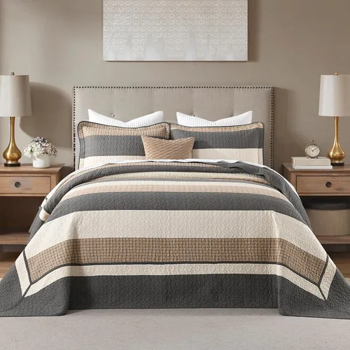 Vista 10 de Finlonte Colcha tamaño Queen, 100% algodón, cubrecamas de gran tamaño, tamaño Queen, color marrón carbón, beige, acolchado, a rayas, estilo granja