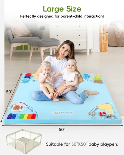 Vista 7 de Alfombra de juego para bebé, alfombrillas únicas para gatear con 4 zonas de desarrollo sensorial para habilidades motoras, alfombrillas de 50 x 50