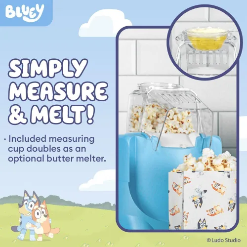 Vista 3 de Uncanny Brands Bluey - Máquina eléctrica para hacer palomitas de maíz, sin aceite, con 12 bolsas de papel, con licencia