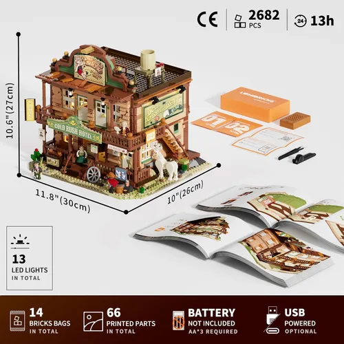Vista 9 de Lumibricks Western-Inn - Juego de 2682 piezas de construcción de hotel de construcción ligera The Old West Inn para adultos y amantes del oeste