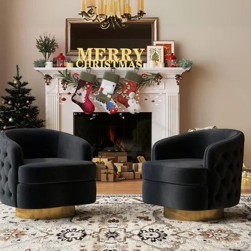 Vista 5 de Hyfirm Silla decorativa moderna negra, sillón giratorio de barril para sala de estar, sillas cómodas de terciopelo con botones, asiento de sofá