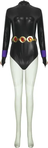 Vista 4 de Disfraz de Raven Rachel Cosplay Enterizo para mujer, capa morada con gemas en la cintura, cinturón y cadena, accesorios (talla EE.UU.)