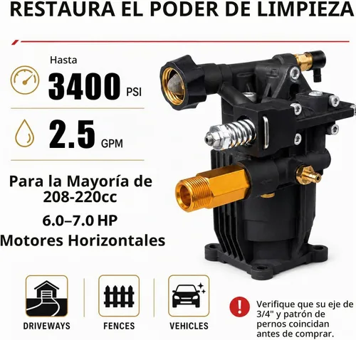Vista 2 de Bomba de lavado a presión horizontal de eje de 3/4 pulgadas 3400 PSI 2.5 GPM Bomba de repuesto compatible con Simpson 90029, 520002, 520004, Dewalt