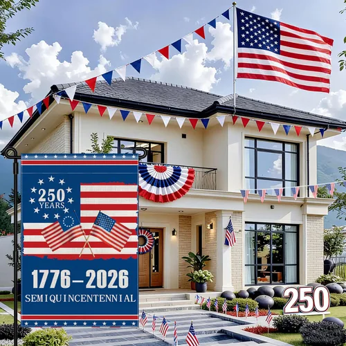 Vista 8 de Bandera de jardín del 250 aniversario de Estados Unidos, bandera americana 1776-2026 del 250 aniversario, bandera conmemorativa patriótica de doble