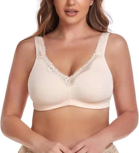 Vista 2 de Brasier de algodón cómodo con encaje y cobertura completa sin forro para mujer, sin forro, sin varillas, para mujer
