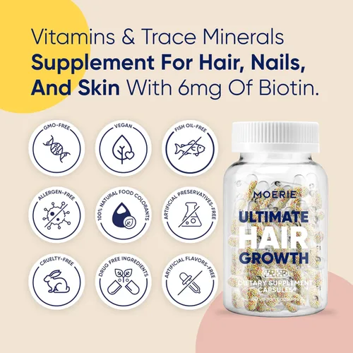 Vista 2 de Moerie Suplemento para el Crecimiento del Cabello para Mujeres y Hombres - Vitaminas para el Cabello, Piel y Uñas con Biotina, Q10 y Minerales