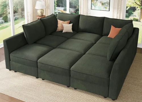 Vista 23 de HONBAY Sofá seccional modular con almacenamiento en forma de L sofá seccional, sofás convertibles para sala de estar - verde