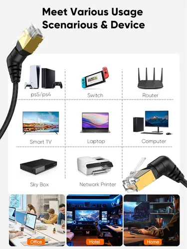 Vista 5 de CableCreation Cable Ethernet de ángulo recto CAT8, cable de red LAN CAT8 de rotación de 360° con conector blindado RJ45, cable de conexión de 40